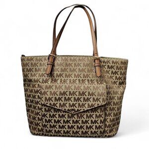Michael Kors Signature Jet Set Pocket Jacquard Leather Brown Shoulder Bag COA